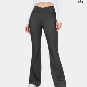 High Waisted Crossover Stretchy Knit Denim Casual Flare Pants Black Medium Reg